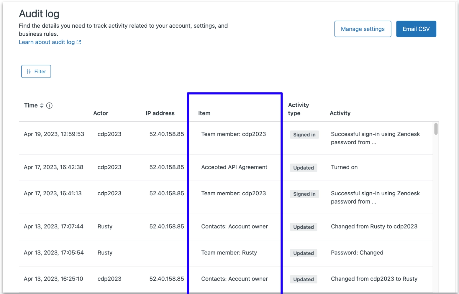 The Item column in the Zendesk audit log